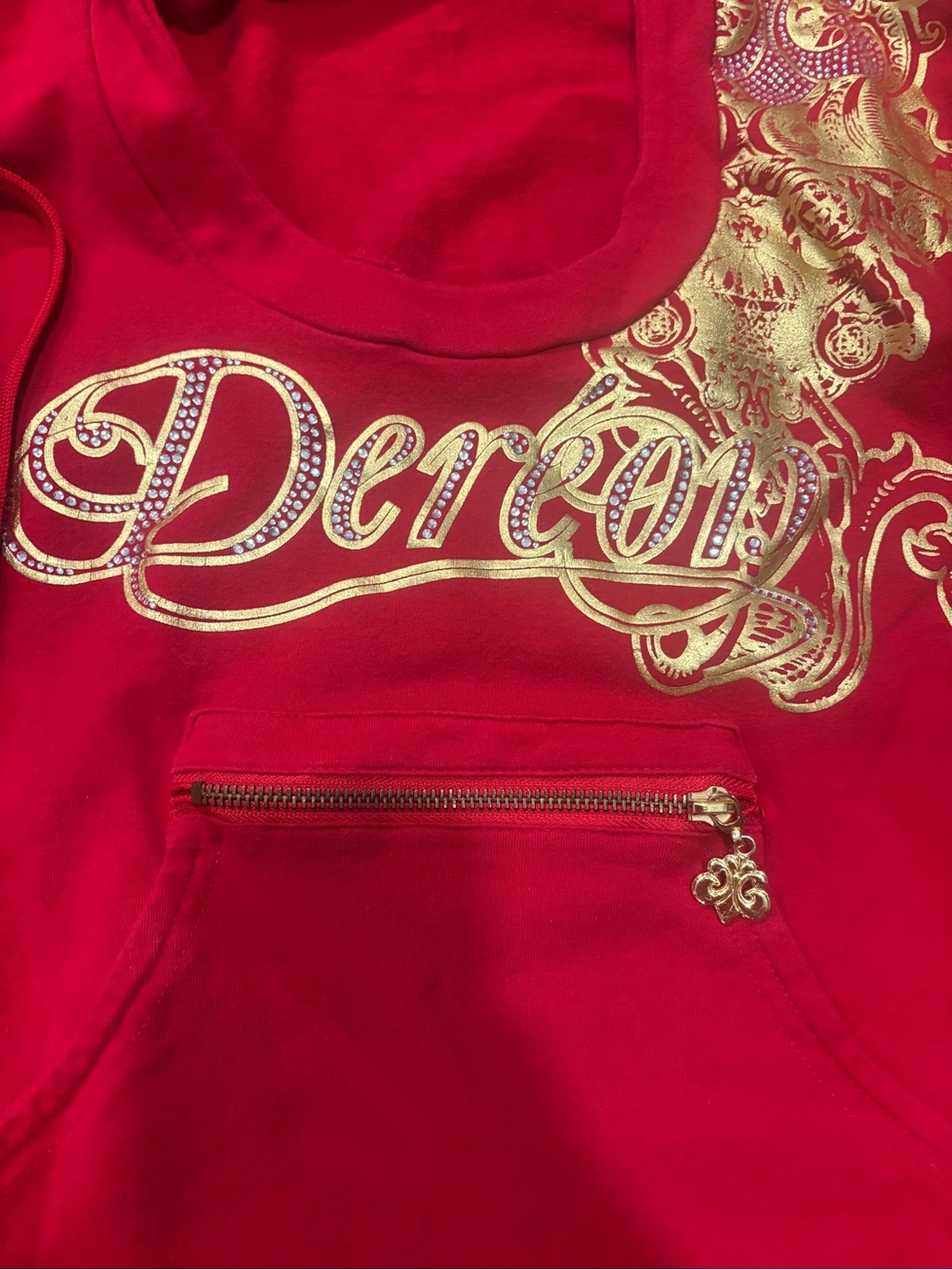 Red dereon Hoodie with Gold Baroque Foil Accents - Picture 2 of 4